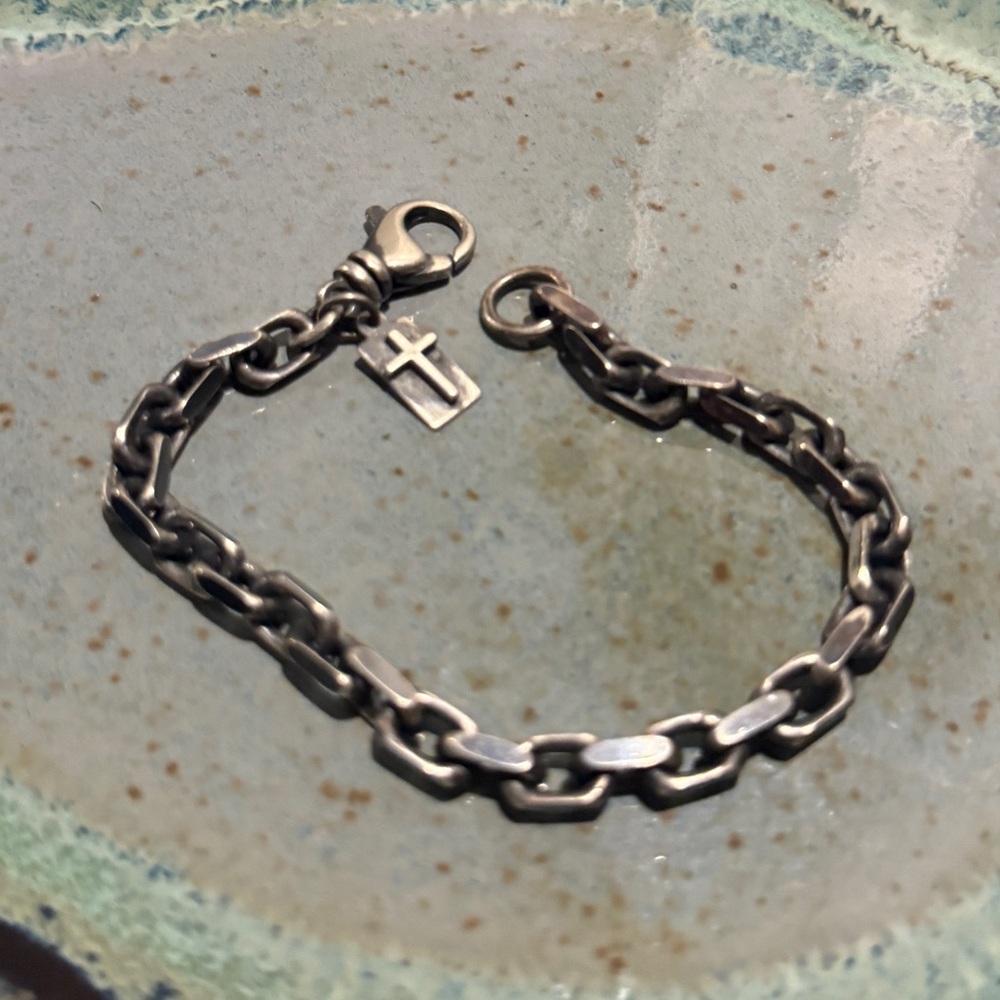 Weighty Sterling Silver Artisan Chain Bracelet with Cross Charm Etsy 7”